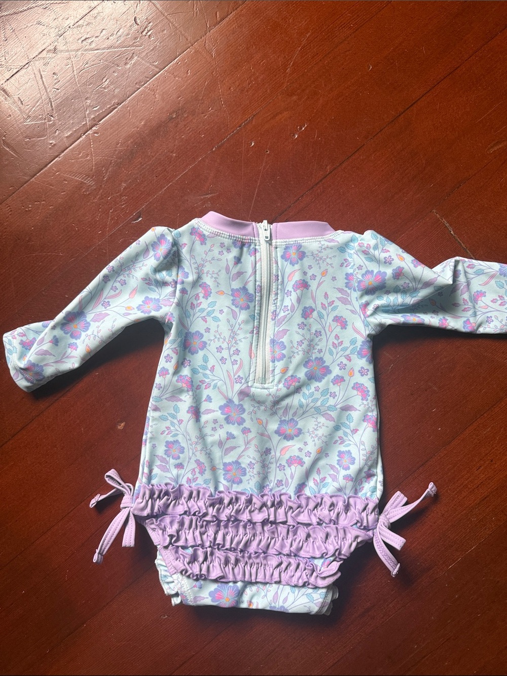 Long-Sleeve Floral Kids One-Piece Swimsuit - Light Blue & Purple